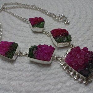 Beautiful PINK & GREEN TITANIUM DRUZY Handmade Sterling 925 Necklace #833C